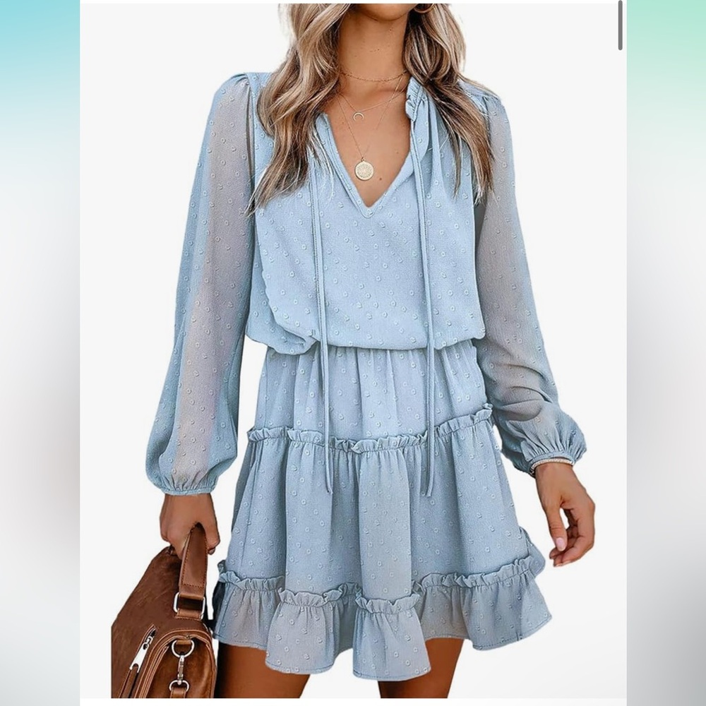 Tie V Neck L/S High Waist Ruffle Tiered A Line Swing Tunic Mini Dress - M